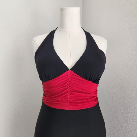 Y2K Byer Black Red Halter Ruched Waist A-Line Midi Dress V Neck Vampirecore L - Picture 2 of 10